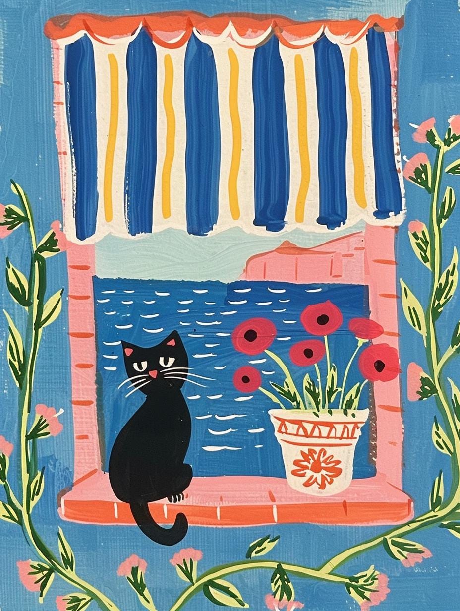 Illustration chat noir et Méditerranée – affiche féline – art mural poétique – déco murale chambre ou salon - idée cadeau amoureux des chats