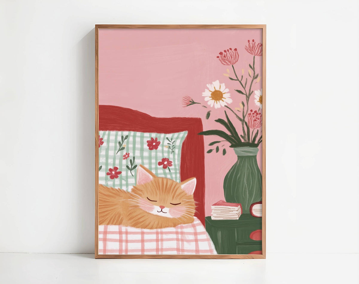Affiche chat roux chambre fleurie – Art mural cosy cottagecore – Poster déco chambre salon, cadeau amoureux chats - idée cadeau noel