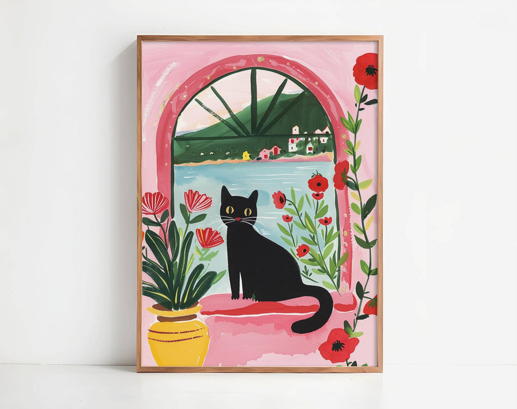 Affiche chat noir et coquelicots – illustration poétique florale – déco murale chambre ou salon - idée cadeau amoureux des chats