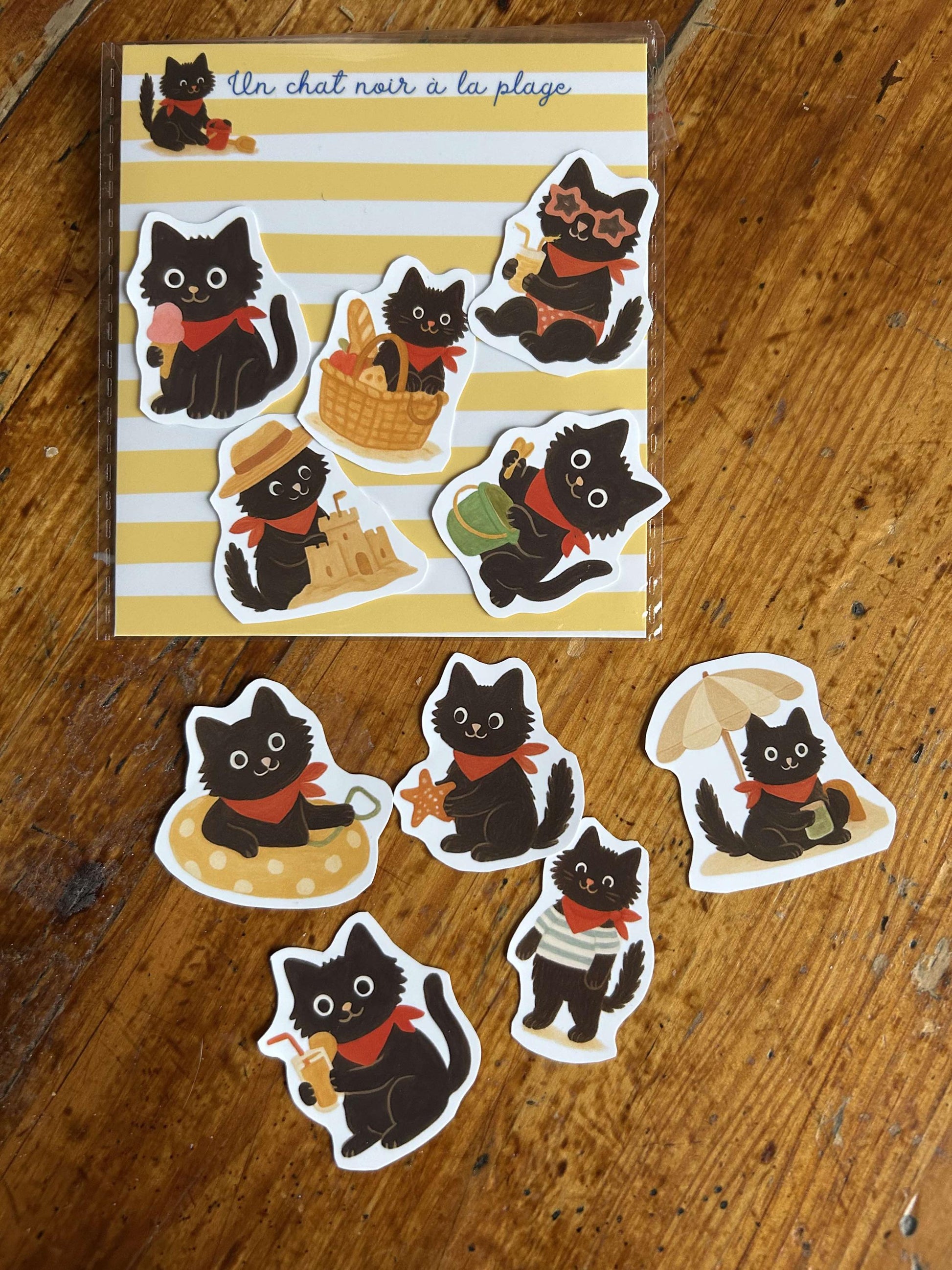 Stickers journaling  "Un chat noir à la plage" - stickers Chat Noir & à la plage – Pack de 10 Stickers vinyle