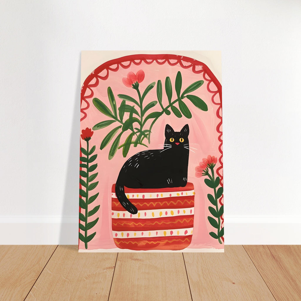Affiche chat noir – Collection "Le jardin secret des chats"  – Illustration poétique printanière