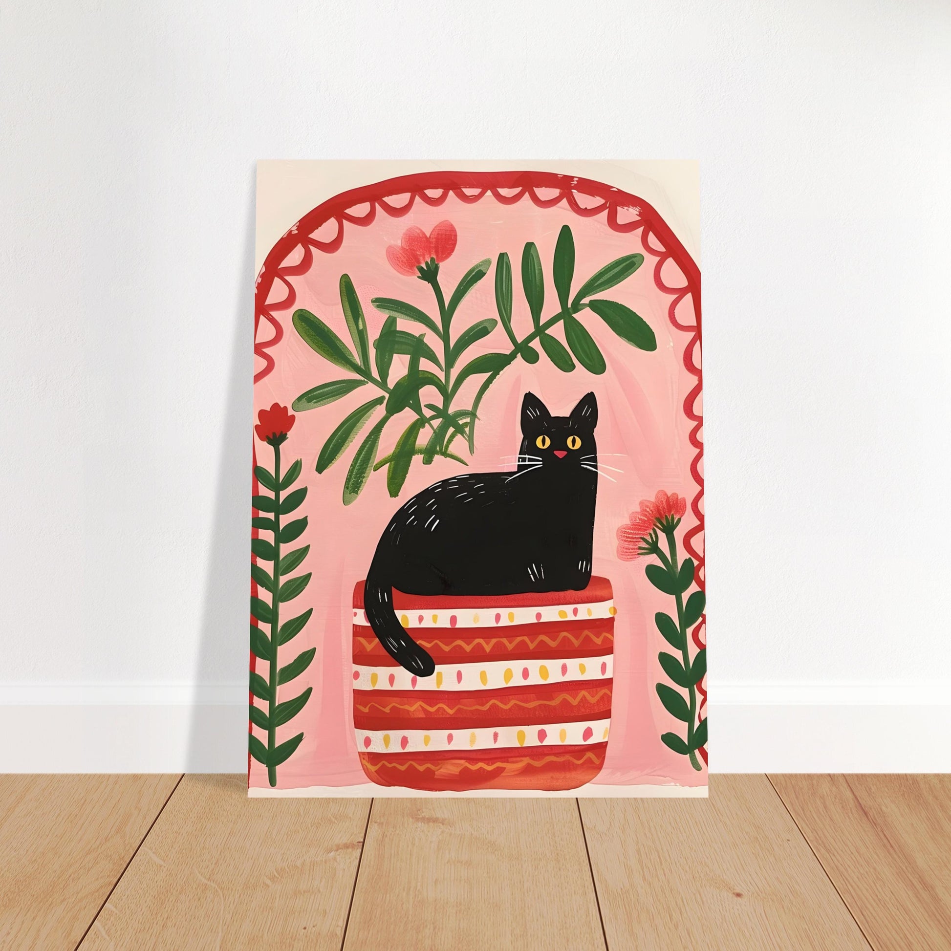 Affiche chat noir – Collection "Le jardin secret des chats"  – Illustration poétique printanière