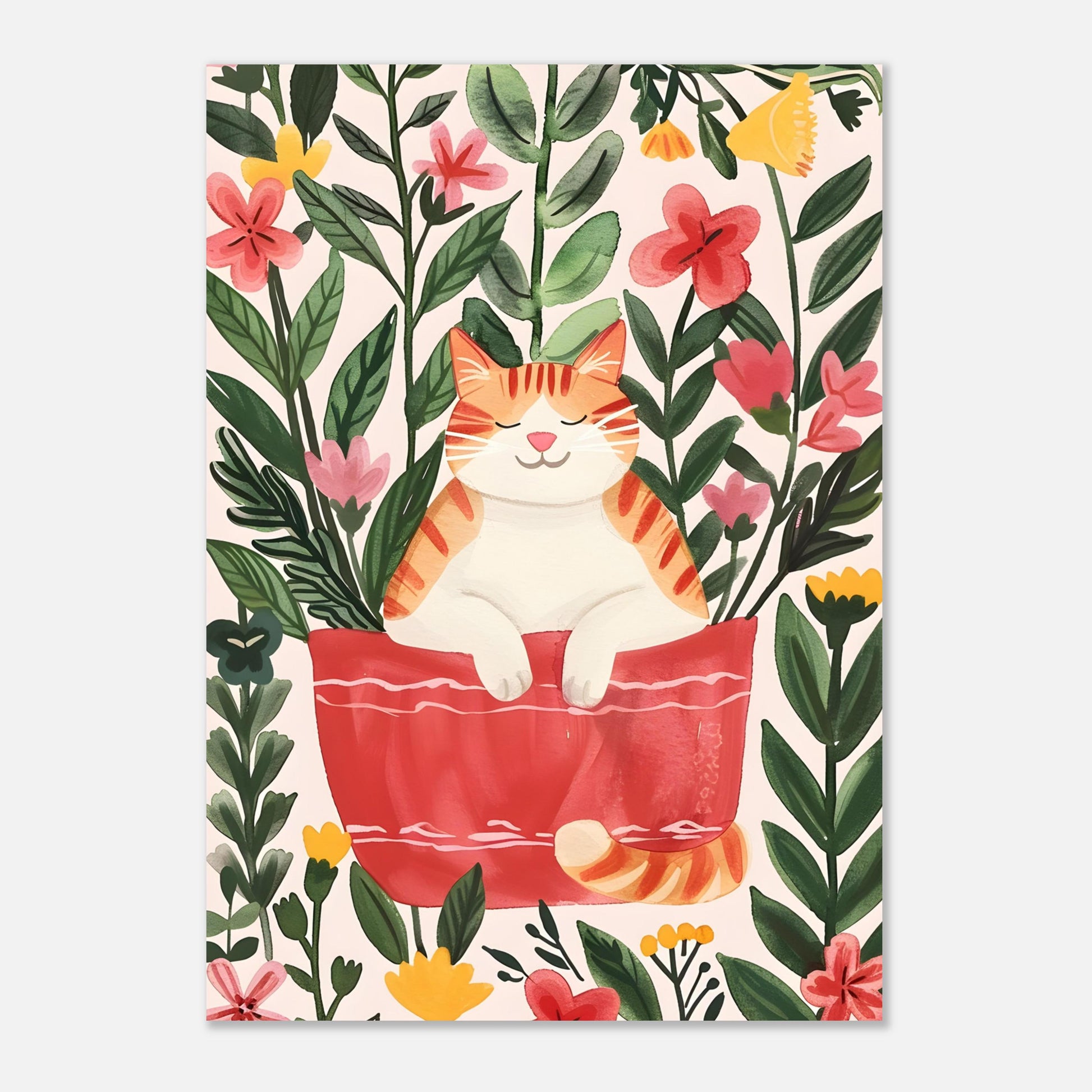 Affiche chat roux  – "Le jardin rêveur du chat roux" – Illustration poétique printanière