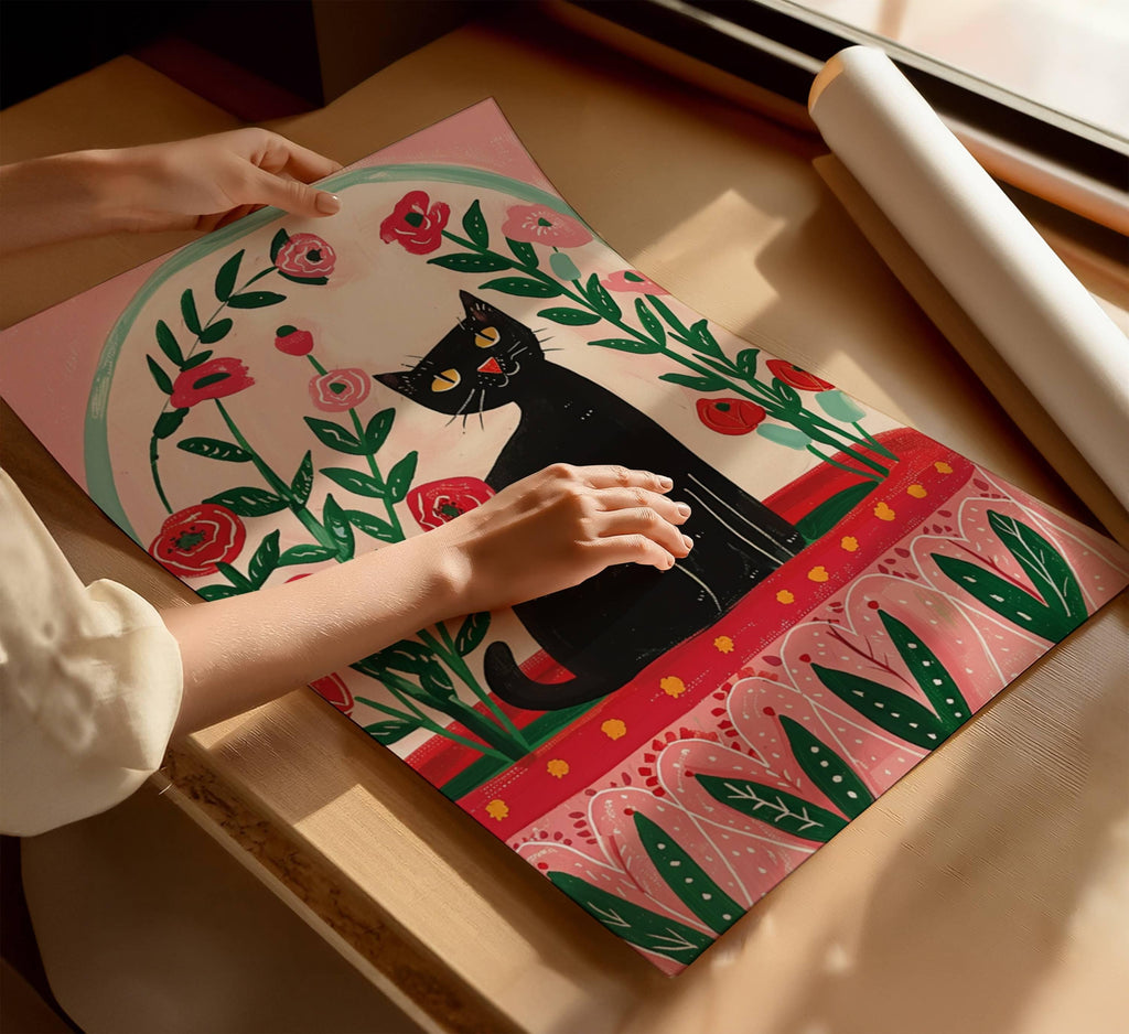 Illustration chat noir et coquelicots – illustration poétique florale – déco murale chambre ou salon - idée cadeau amoureux des chats