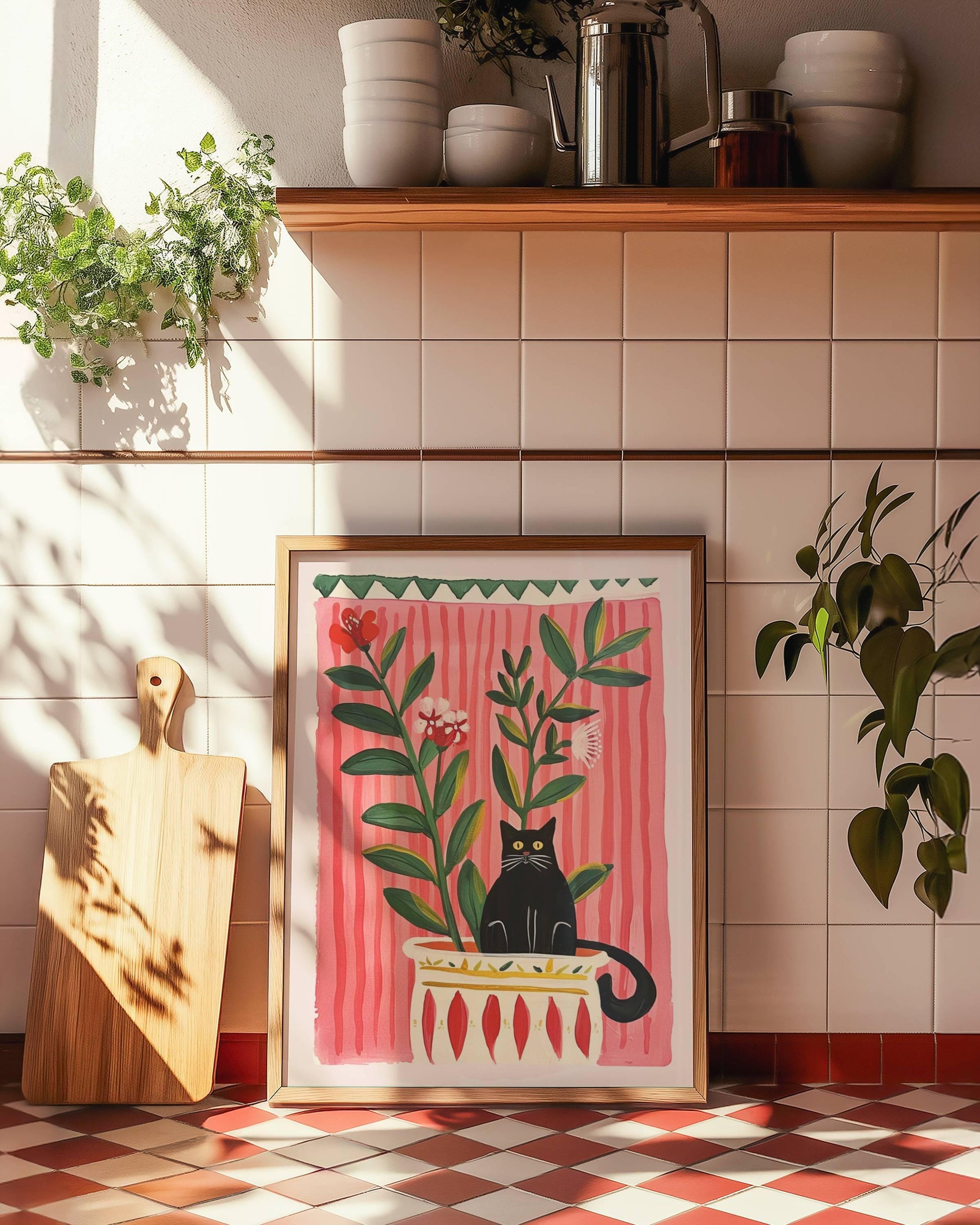 Affiche chat noir – Collection "Le jardin secret des chats"  – Illustration poétique printanière