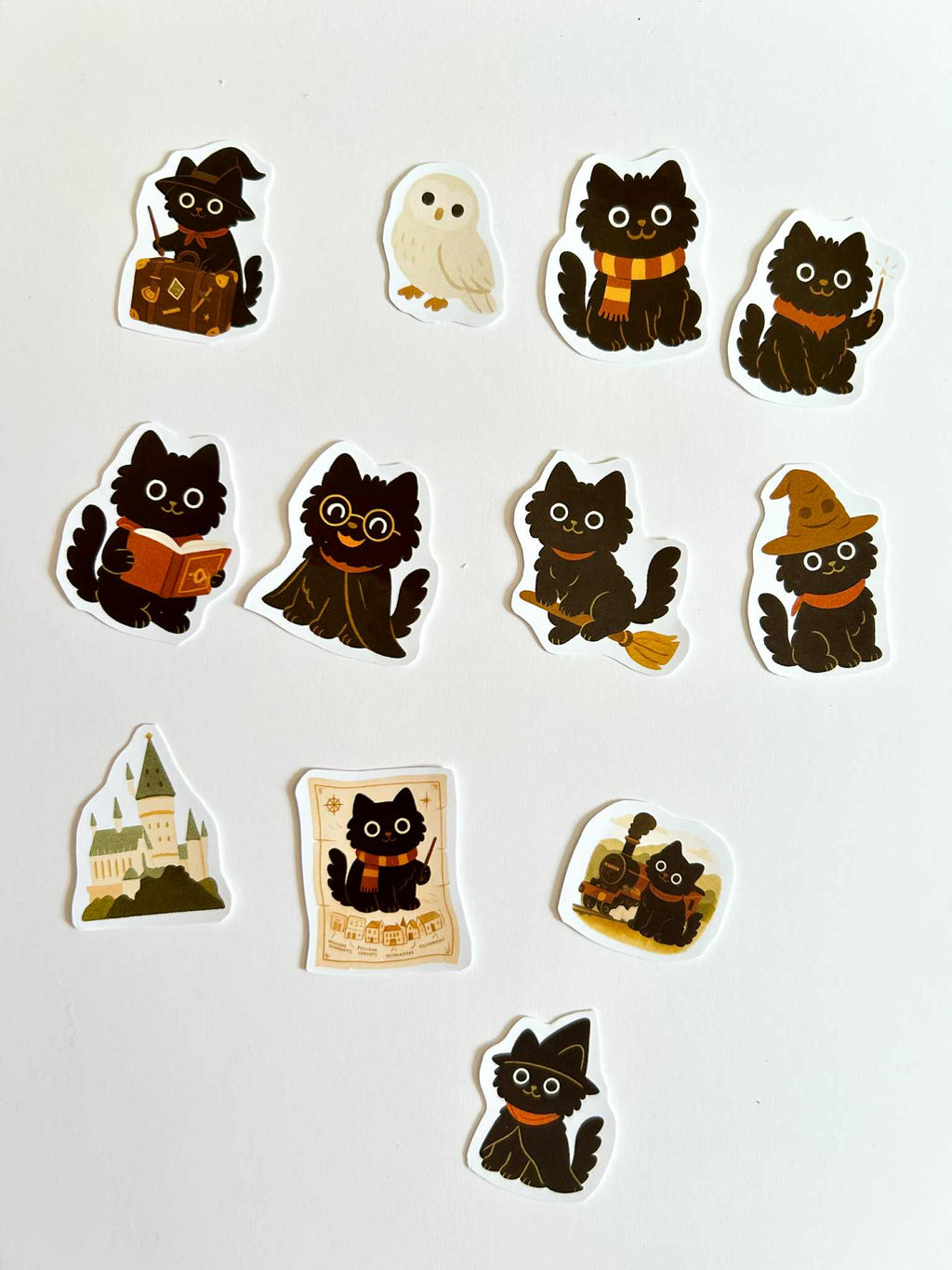 Journaling Stickers "A Black Cat at Hogwarts" – Black Cat Harry Potter Stickers – Set of 12 Vinyl Stickers