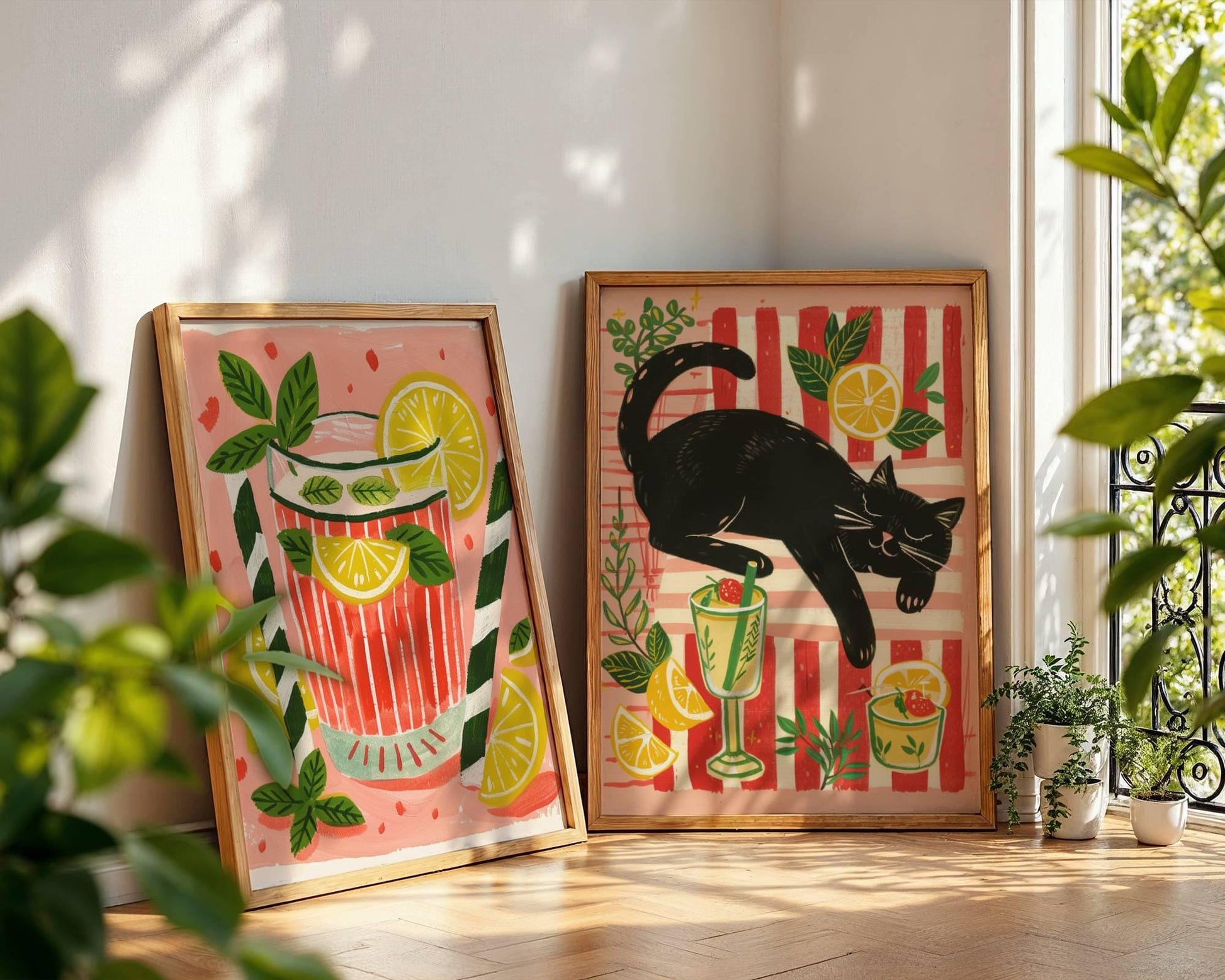 Lot de 2 affiches avec chat noir – "Le cocktail d'été du chat noir" - amoureux des chats
