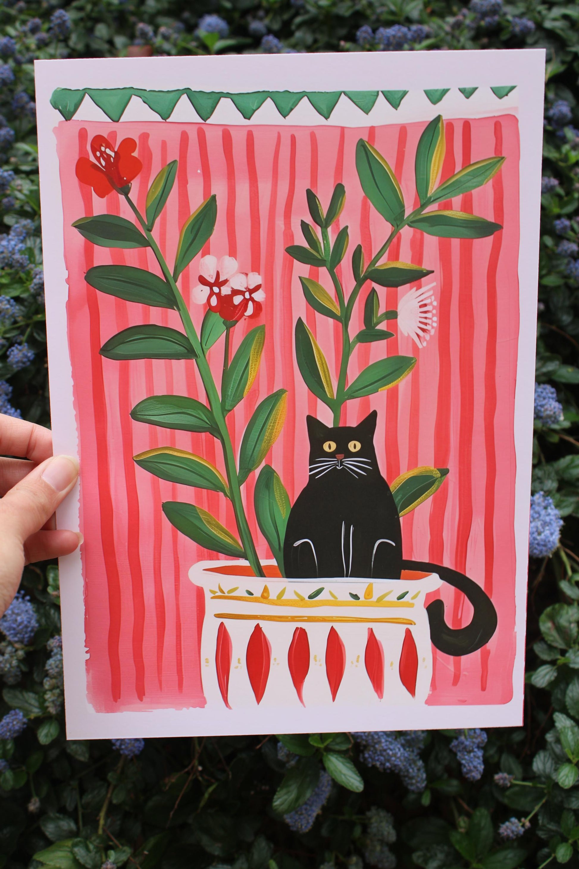 Affiche chat noir – Collection "Le jardin secret des chats"  – Illustration poétique printanière