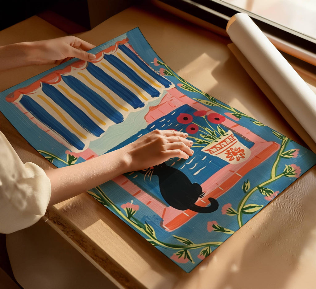 Illustration chat noir et Méditerranée – affiche féline – art mural poétique – déco murale chambre ou salon - idée cadeau amoureux des chats