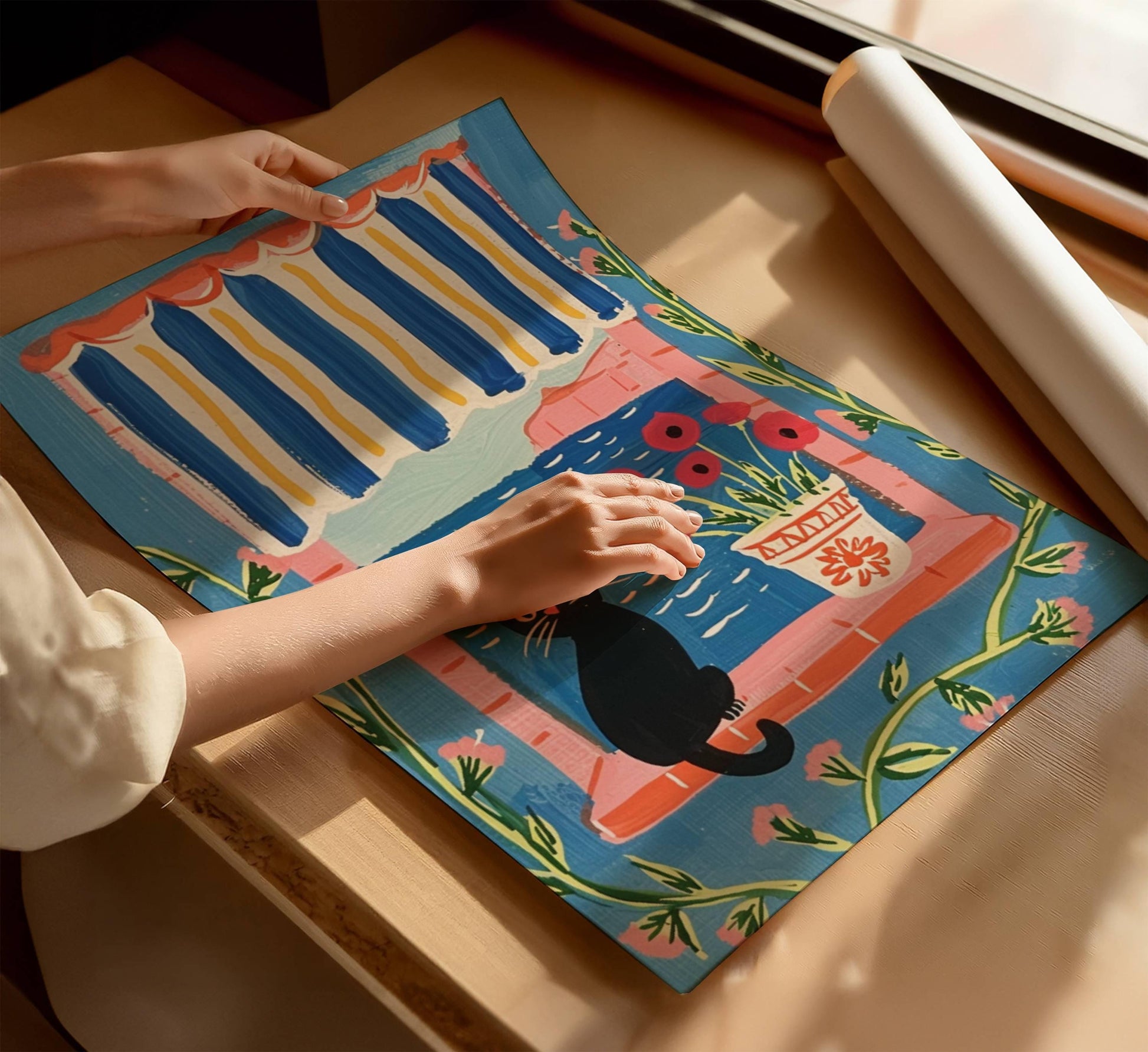 Illustration chat noir et Méditerranée – affiche féline – art mural poétique – déco murale chambre ou salon - idée cadeau amoureux des chats