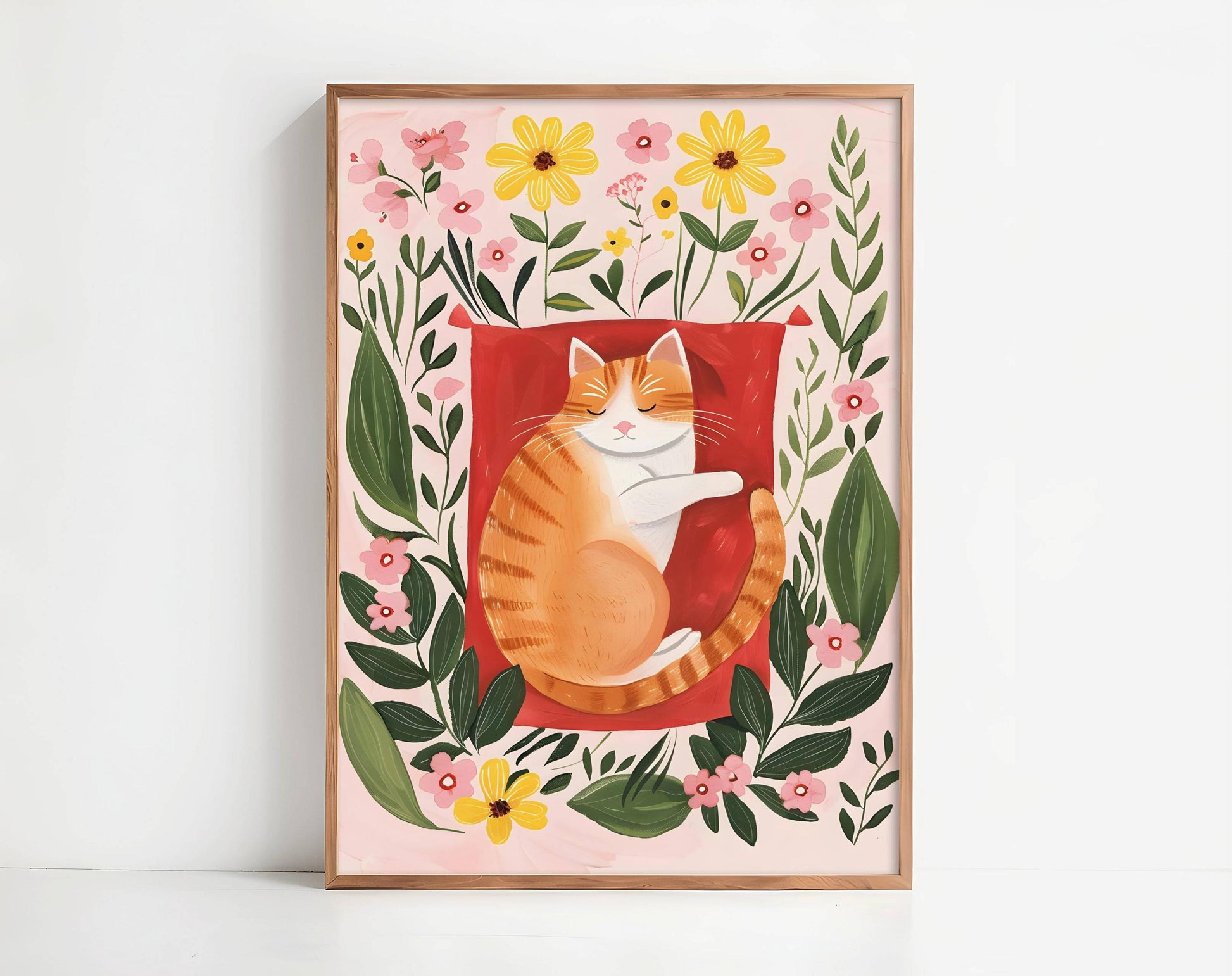 Lot 2 affiches chat roux et fleurs – duo d’illustrations poétiques vintage – art mural floral cosy – déco murale chambre ou salon