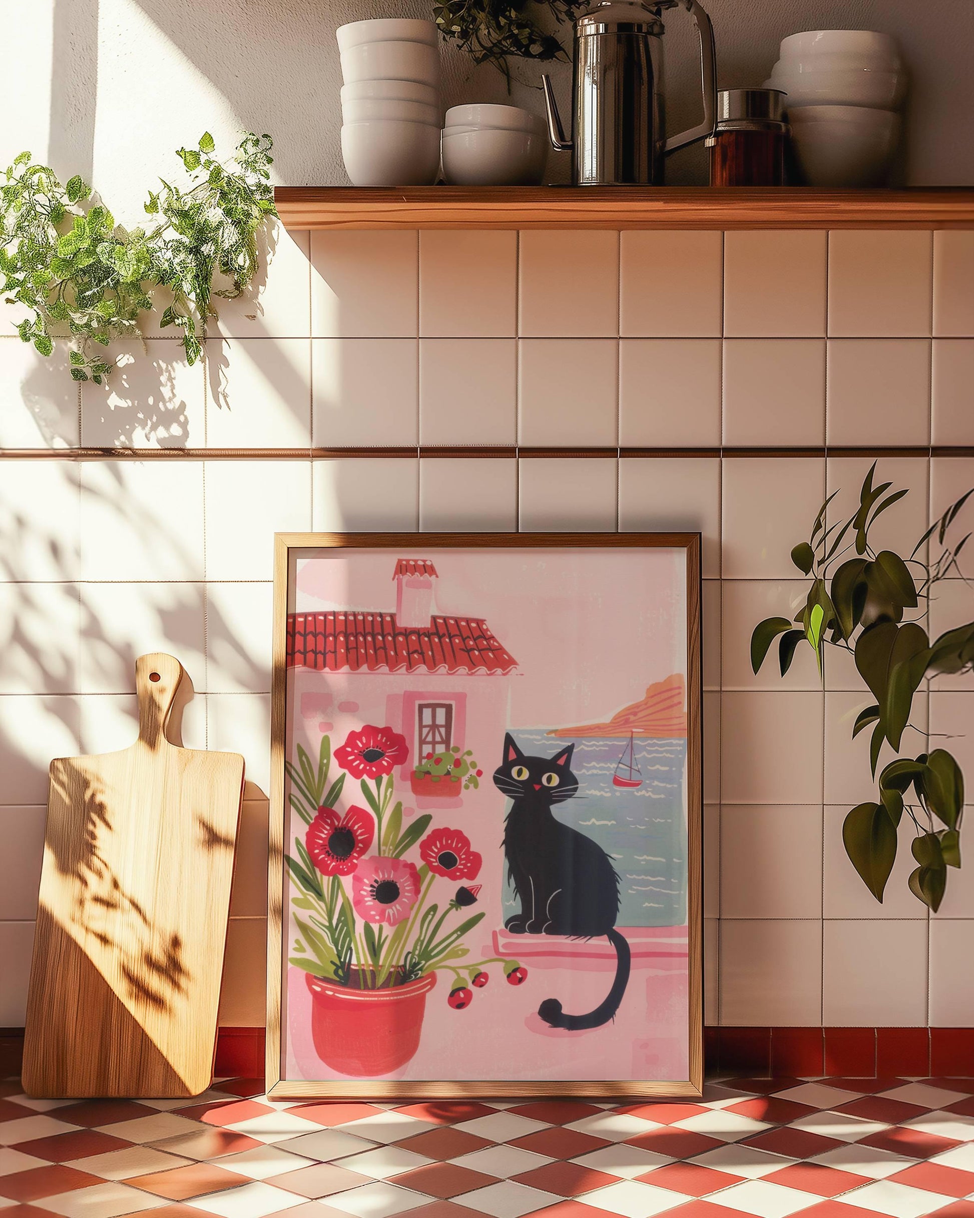 Affiche chat noir mystérieux – illustration chat parmi les coquelicots – art mural vintage poétique – déco murale chambre ou salon