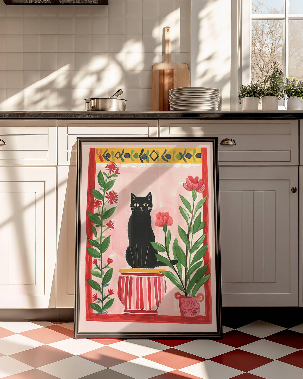 Illustration d'un chat noir dans le jardin – Impression artistique poétique représentant un chat et des fleurs – Décoration murale chaleureuse – Papier de qualité supérieure