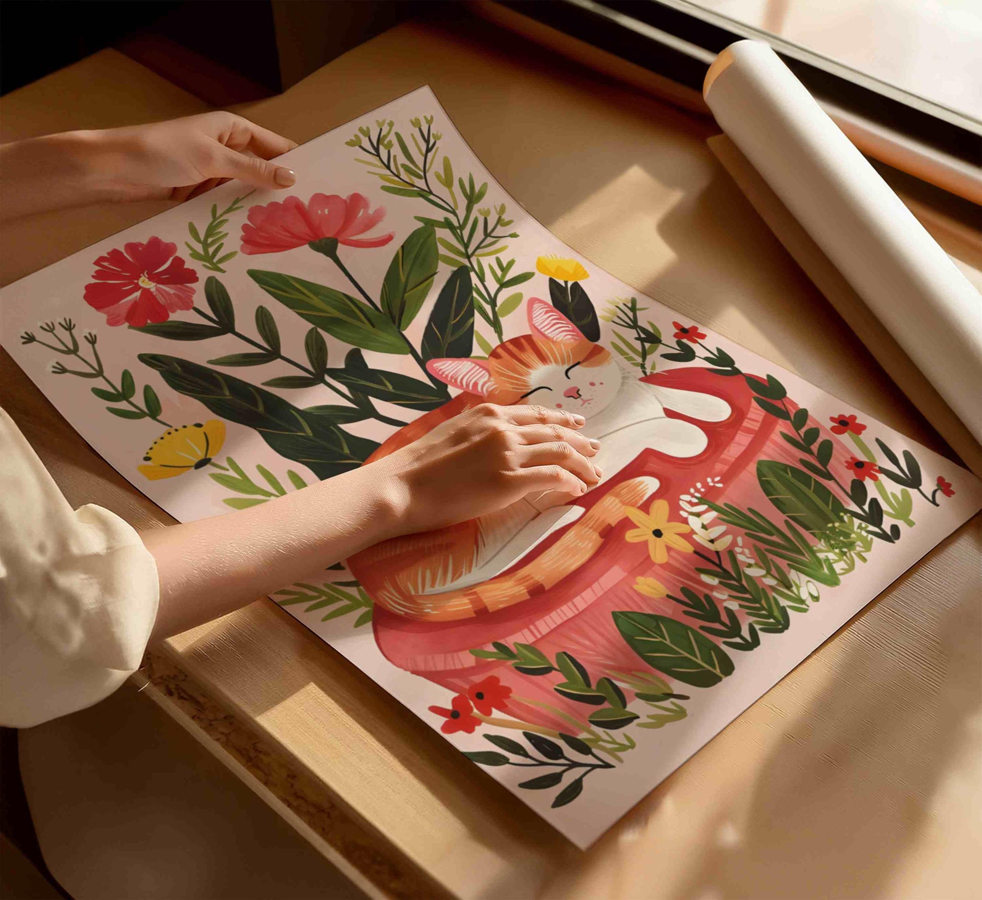 Illustration Le chat roux – Décoration murale florale avec un chat rêveur et un paysage naturel chaleureux – « Le jardin rêveur du chat roux » – Papier haut de gamme