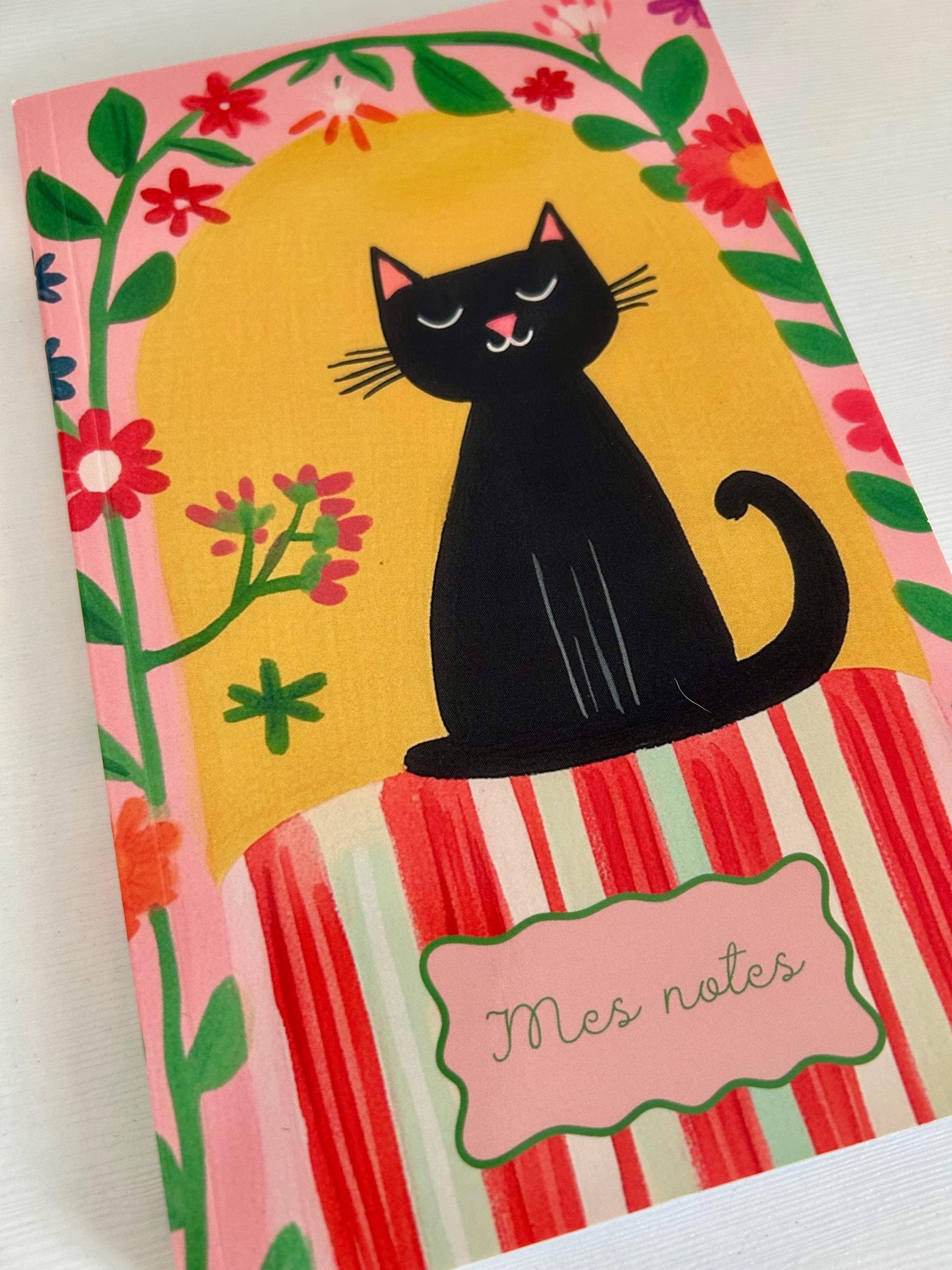 Carnet de notes chat noir et fleurs – carnet de notes 80 pages lignées – couverture souple brillante - carnet d'écriture, carnet poétique