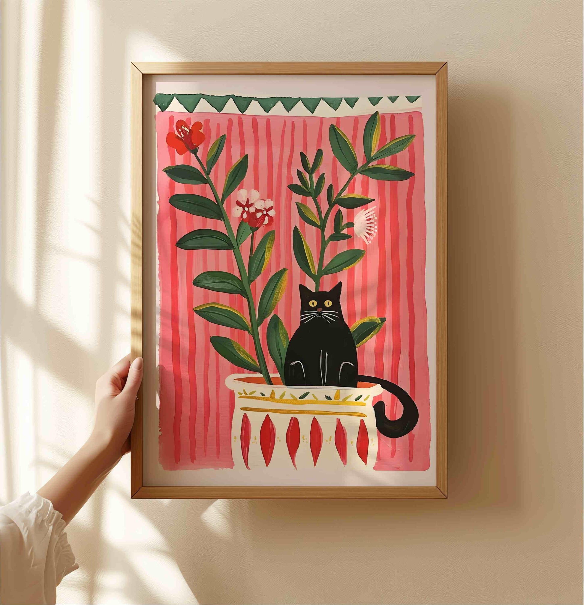 Affiche chat noir – Collection "Le jardin secret des chats"  – Illustration poétique printanière