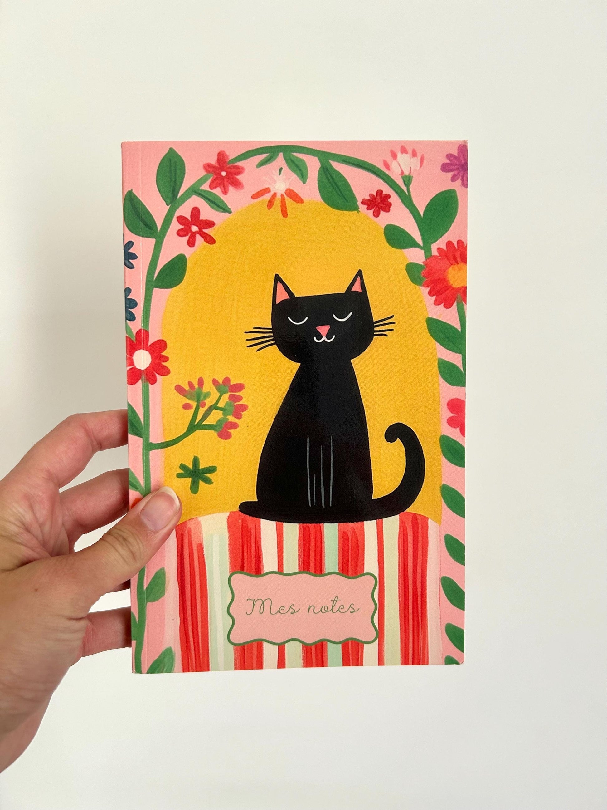 Carnet de notes chat noir et fleurs – carnet de notes 80 pages lignées – couverture souple brillante - carnet d'écriture, carnet poétique