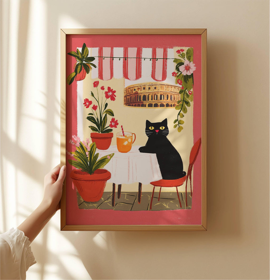 Affiche chat noir à Rome – Collection "Les voyages du chat noir"  – déco murale ville et voyage