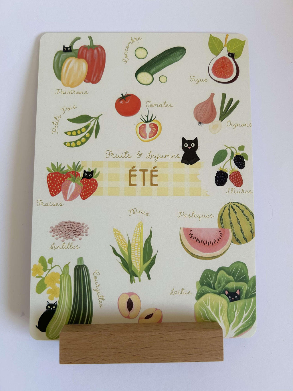 Lot de 4 Affiches Herbier avec Chat Noir avec support en bois – Fruits et Légumes de Saison | Déco Murale