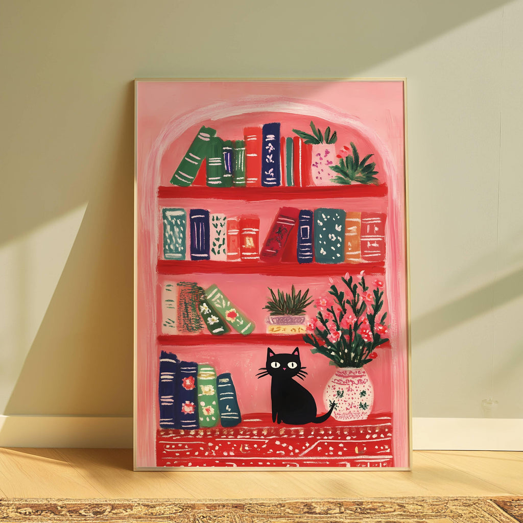 Chat noir dans une bibliothèque fleurie – illustration cosy et poétique  |  illustration numériques chat et livres - Affiche déco murale