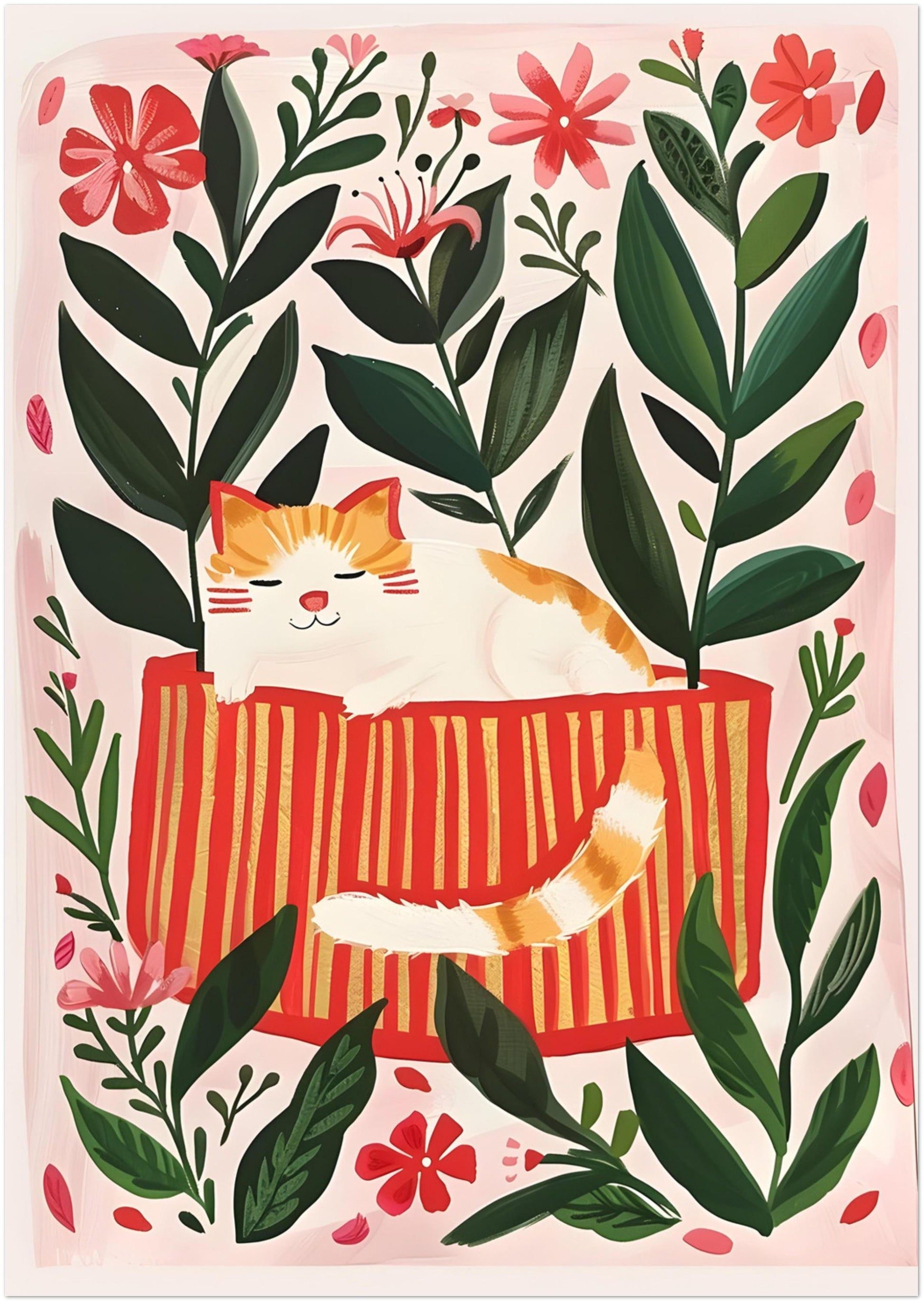 Affiche chat roux parmi les fleurs – illustration le chat roux dans le jardin – art mural  poétique – déco murale chambre ou salon