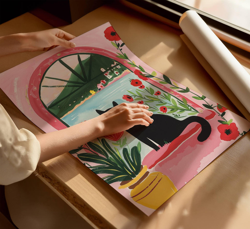 Affiche chat noir et coquelicots – illustration poétique florale – déco murale chambre ou salon - idée cadeau amoureux des chats