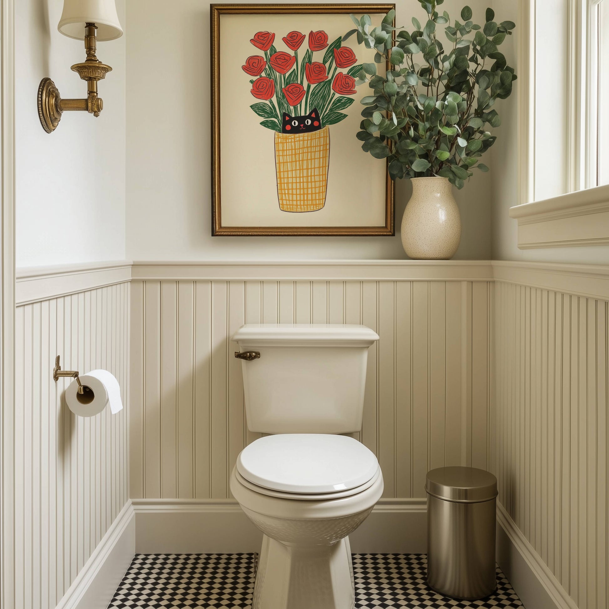 Illustration chat noir roses rouges | affiche art mural naïf | cadeau amoureux des chats | déco cottagecore fleurs