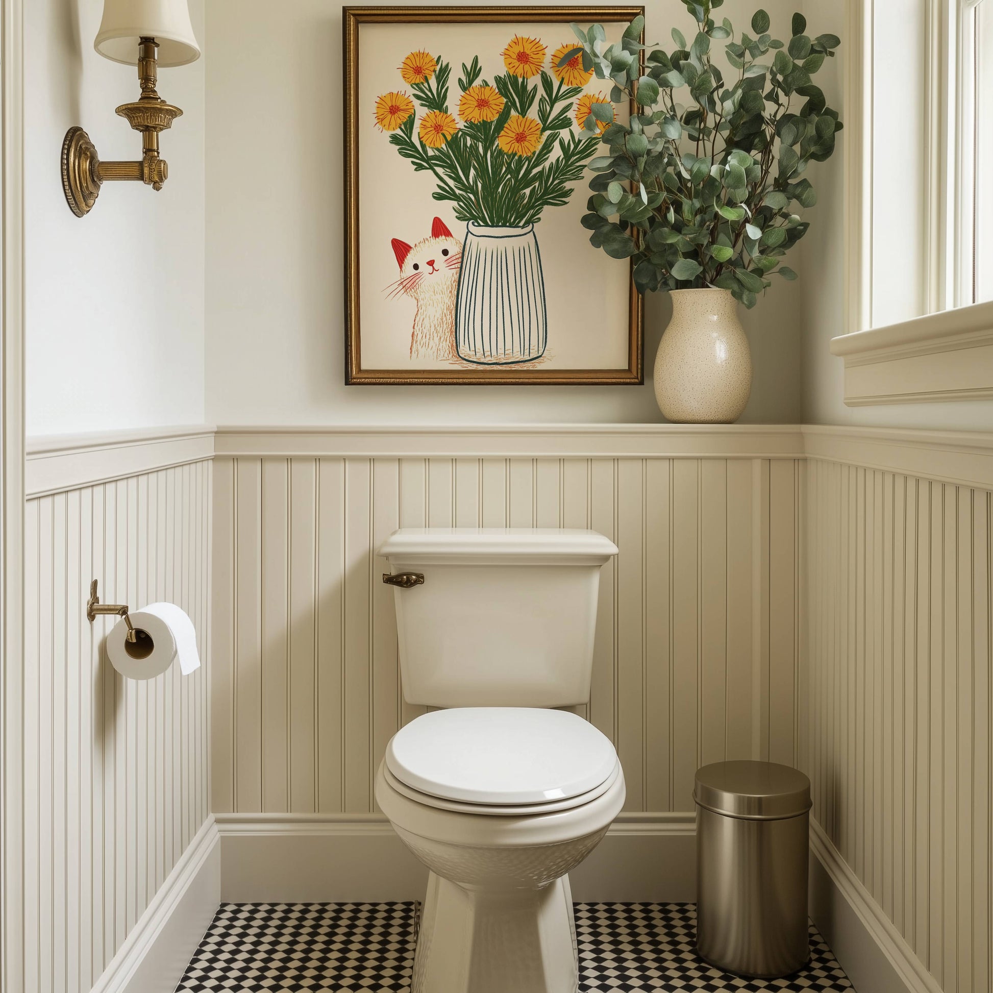 Illustration chat blanc fleurs jaunes | poster art floral printanier | cadeau amoureux des chats | déco murale cottagecore