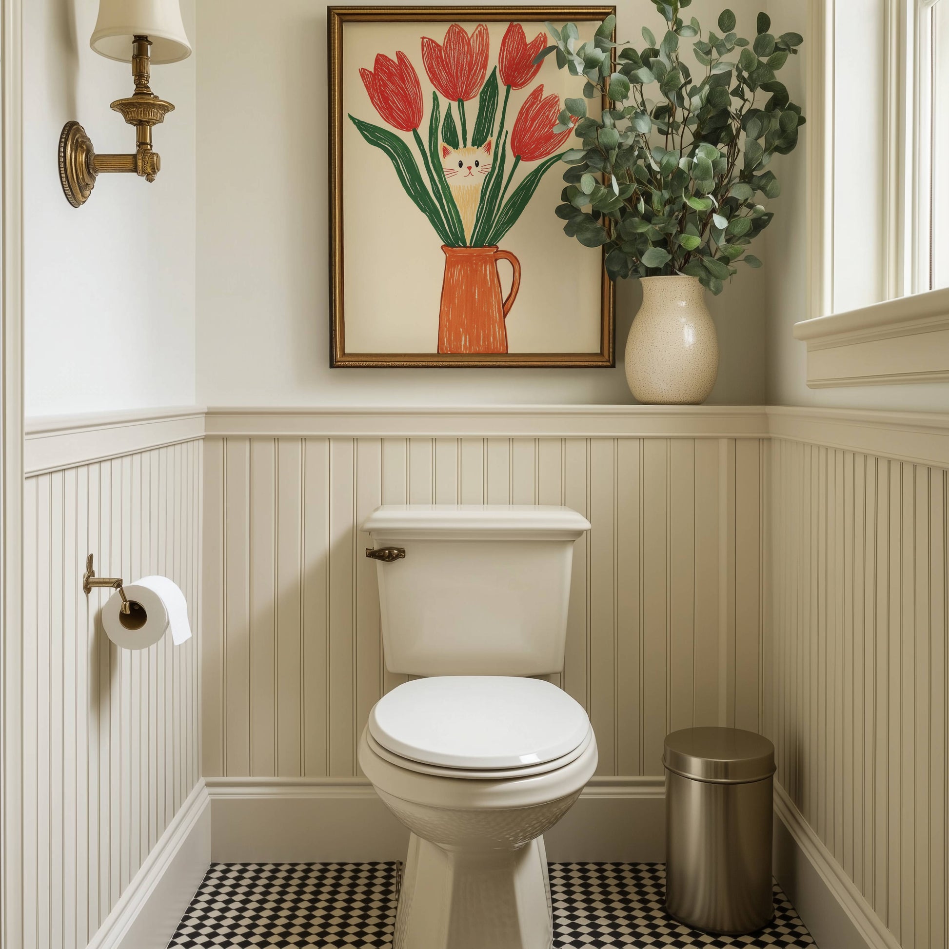 Illustration chat et tulipes rouges | Affiche chat rigolo | Idée cadeau amoureux des chats | Art mural naïf et coloré | Poster cottagecore