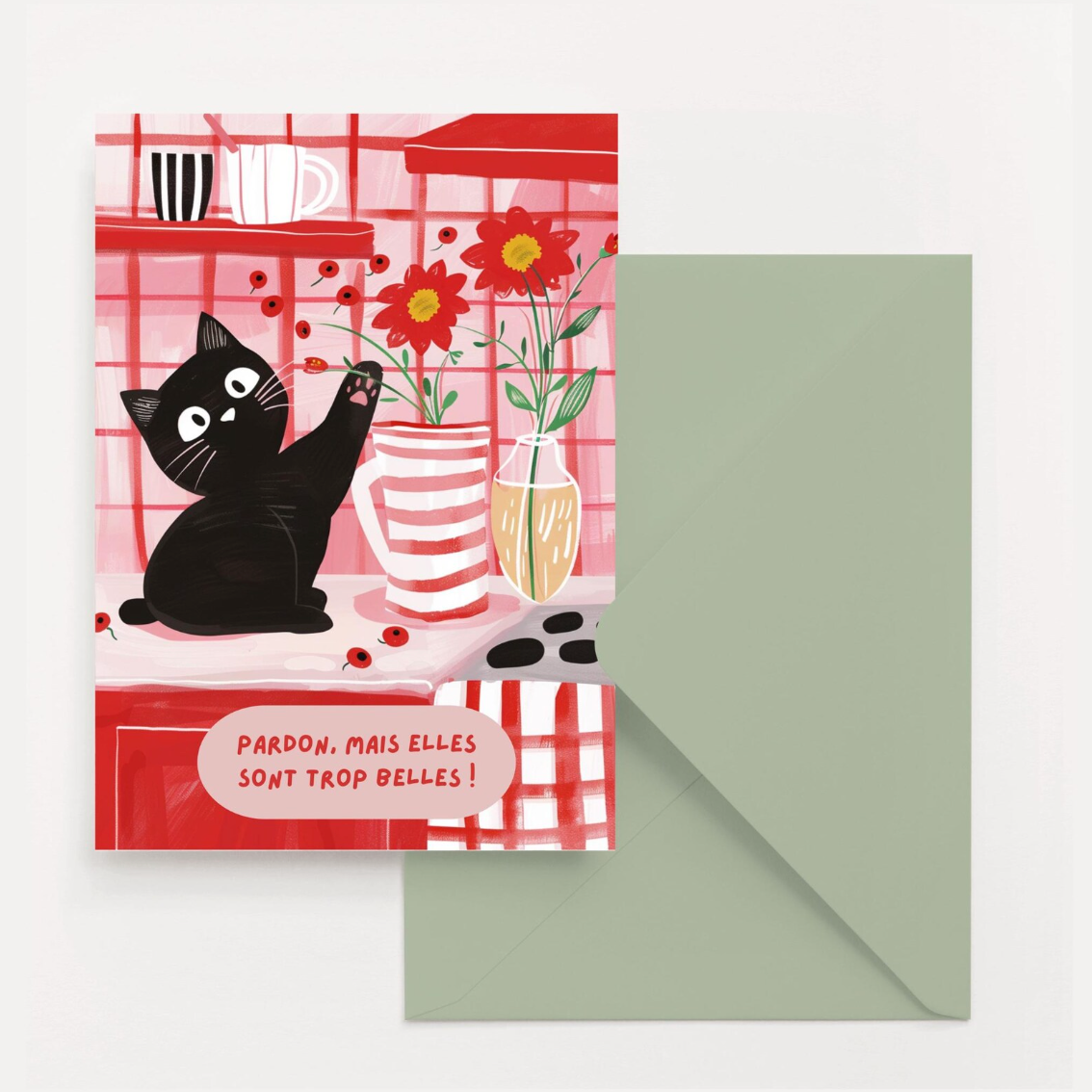 Carte de voeux chat drôle "pardon, mais elles sont trop belles !" – Chat noir dans la cuisine et fleurs rouges, papier premium, idée cadeau