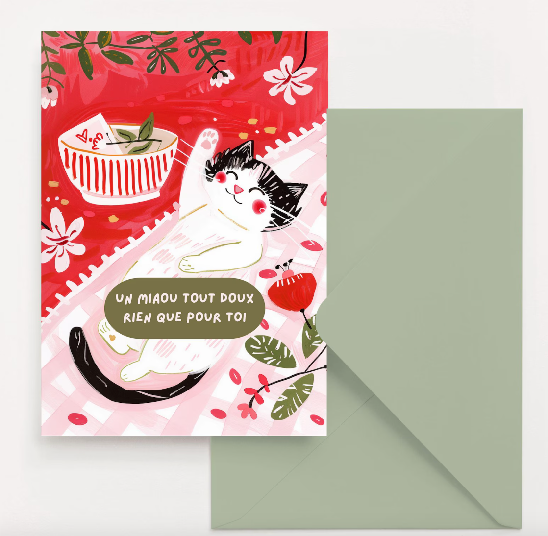 Carte de voeux chat mignon "un miaou tout doux rien que pour toi" – Chat noir et blanc , carte soutien à offrir, message mignon, idée cadeau