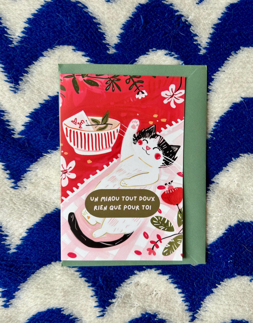 Carte de voeux chat mignon "un miaou tout doux rien que pour toi" – Chat noir et blanc , carte soutien à offrir, message mignon, idée cadeau