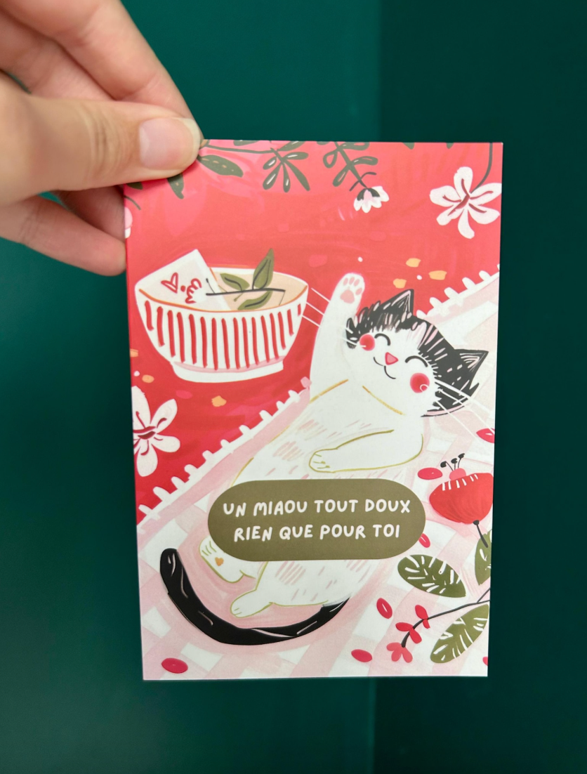Carte de voeux chat mignon "un miaou tout doux rien que pour toi" – Chat noir et blanc , carte soutien à offrir, message mignon, idée cadeau