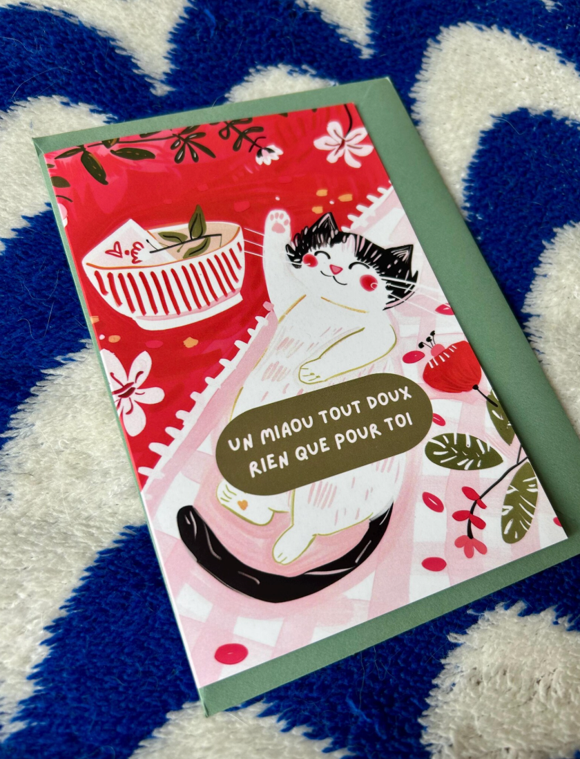 Carte de voeux chat mignon "un miaou tout doux rien que pour toi" – Chat noir et blanc , carte soutien à offrir, message mignon, idée cadeau