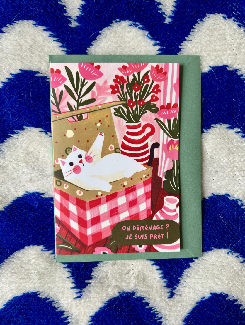 Carte de voeux chat humour : "on déménage ? je suis prêt !" – Chat dans un carton et fleurs vintage, idée cadeau, message doux