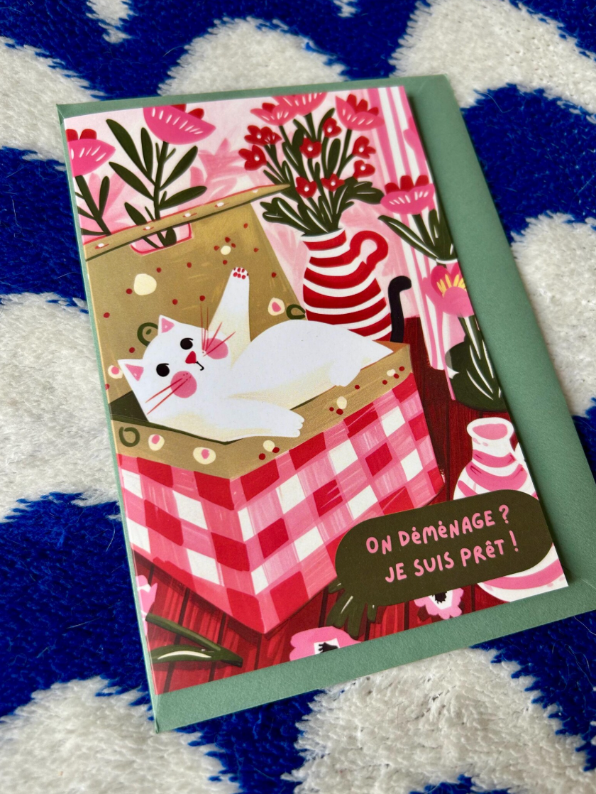 Carte de voeux chat humour : "on déménage ? je suis prêt !" – Chat dans un carton et fleurs vintage, idée cadeau, message doux