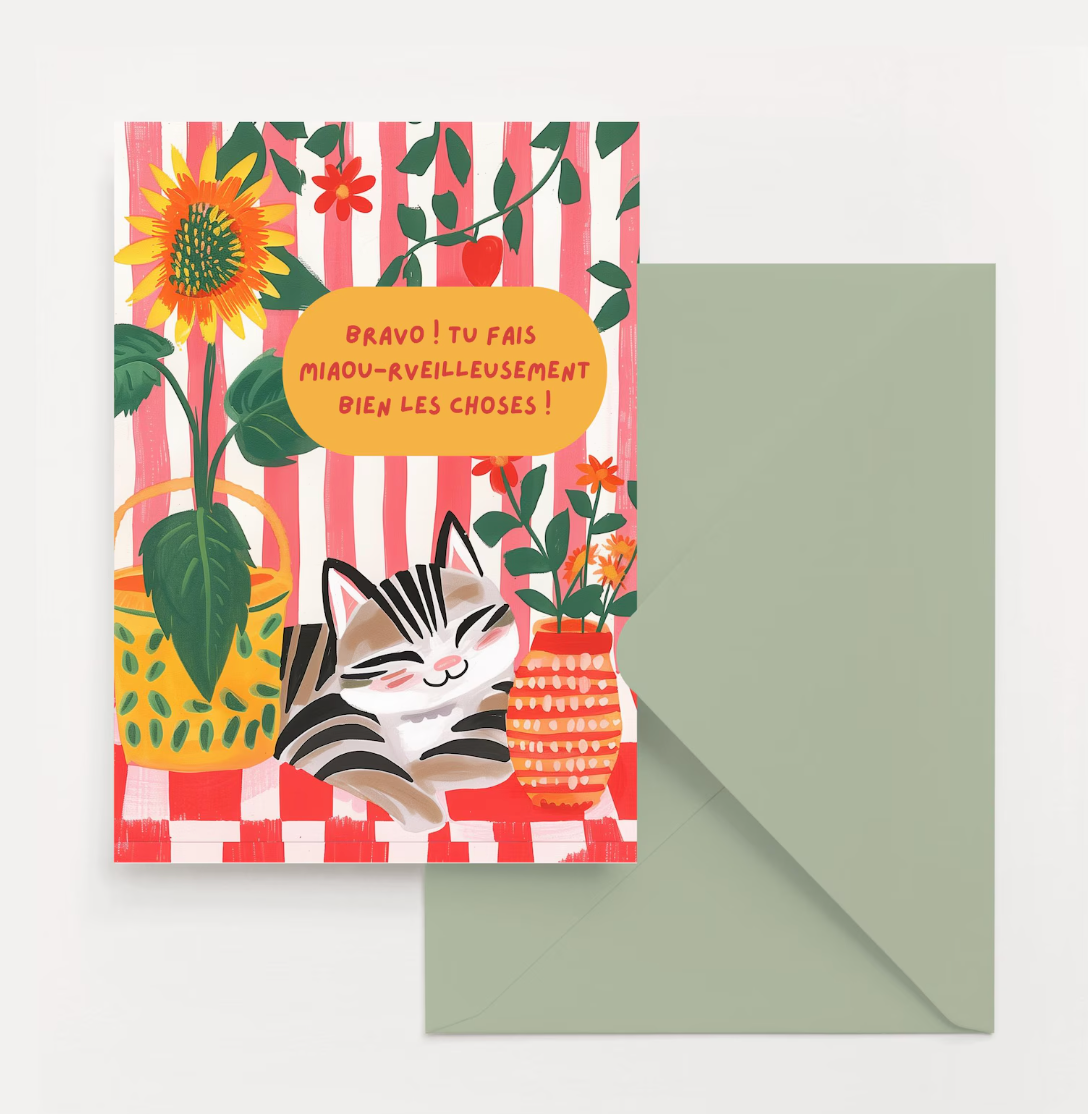 Carte de voeux chat "bravo ! tu fais miaou-rveilleusement bien les choses !" Carte encouragement à offrir, carte message mignon, idée cadeau