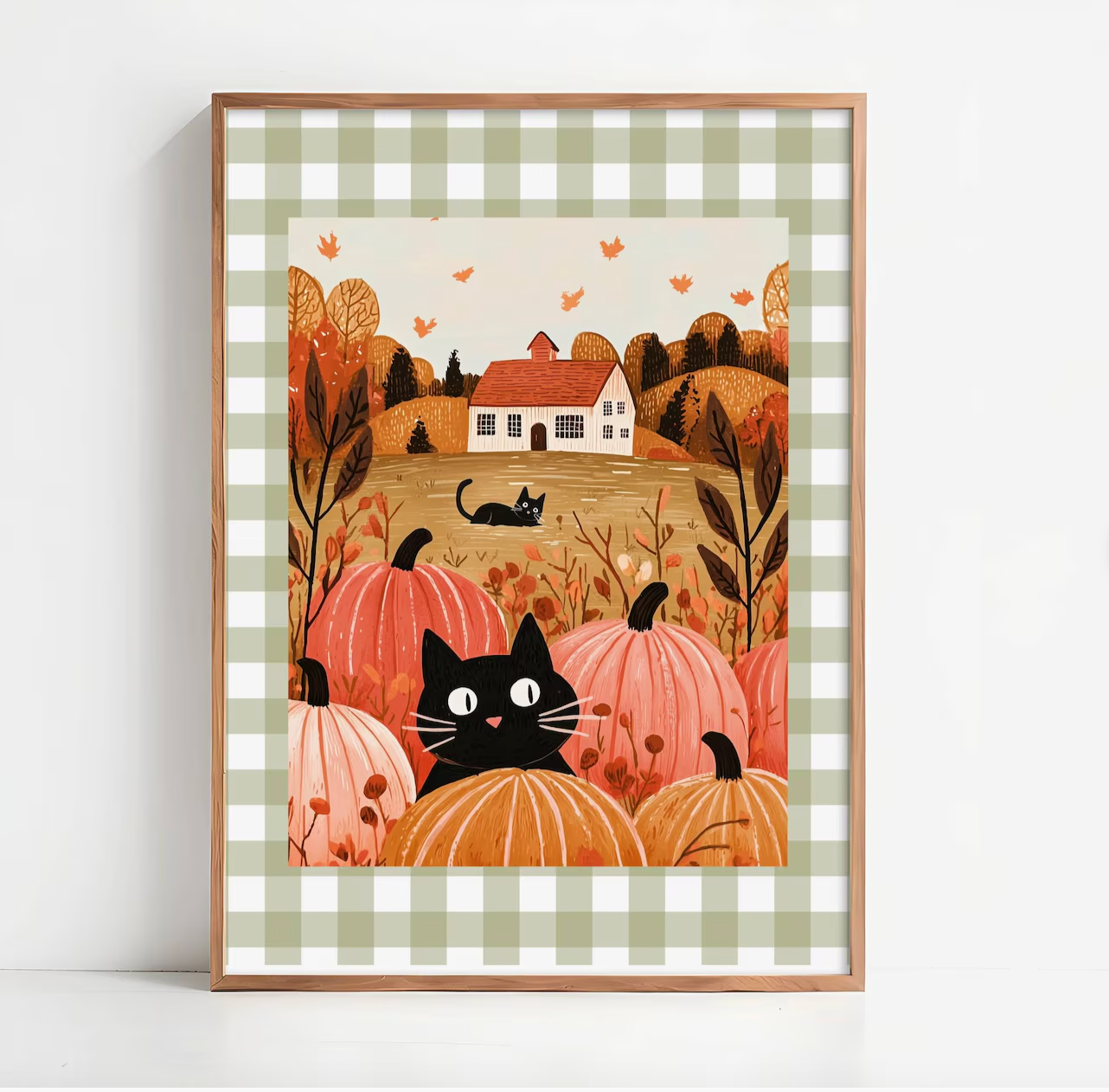 Affiche chat noir automne - style maison campagne - poster déco cosy citrouilles cottage Halloween - idée cadeau chat noir et halloween