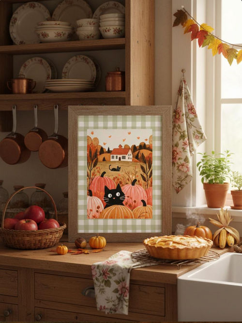 Affiche chat noir automne - style maison campagne - poster déco cosy citrouilles cottage Halloween - idée cadeau chat noir et halloween