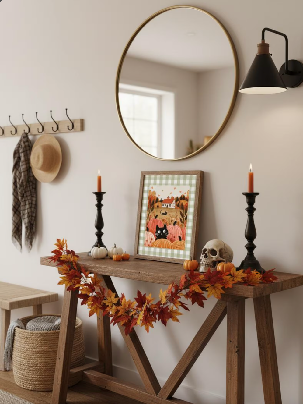 Affiche chat noir automne - style maison campagne - poster déco cosy citrouilles cottage Halloween - idée cadeau chat noir et halloween