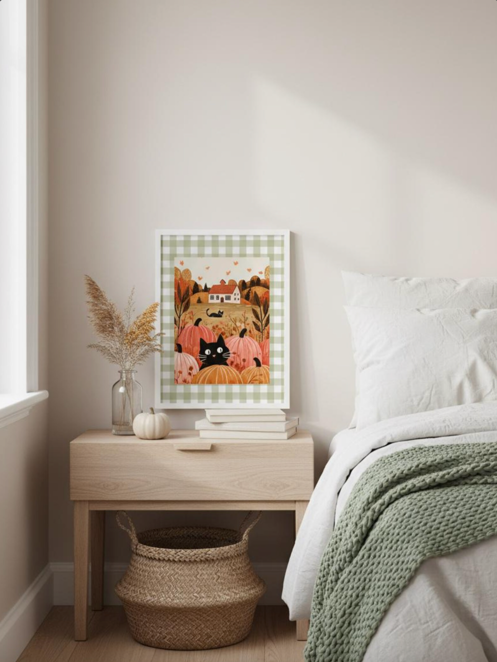 Affiche chat noir automne - style maison campagne - poster déco cosy citrouilles cottage Halloween - idée cadeau chat noir et halloween