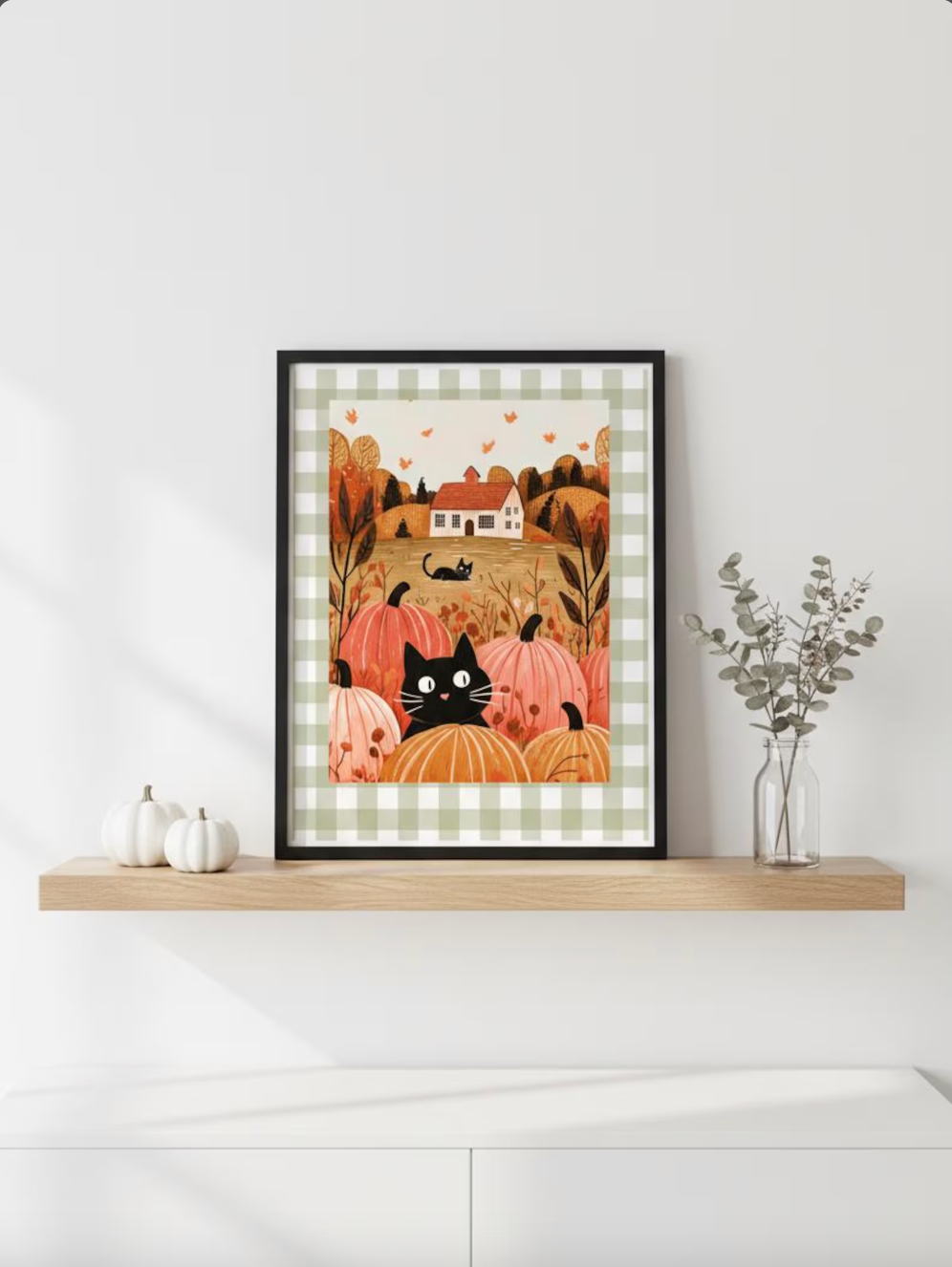 Affiche chat noir automne - style maison campagne - poster déco cosy citrouilles cottage Halloween - idée cadeau chat noir et halloween