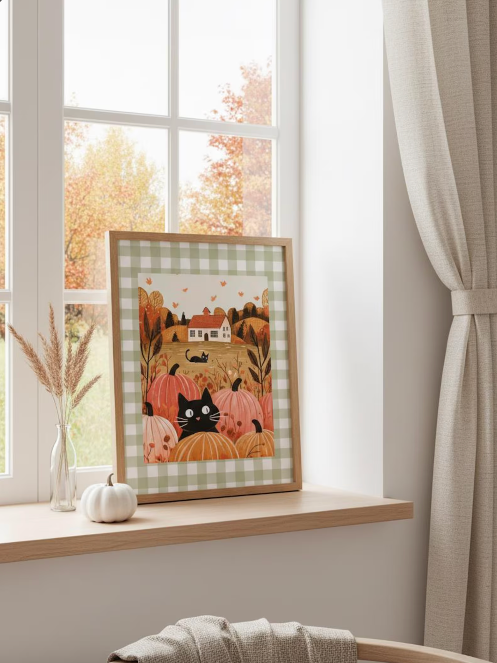 Affiche chat noir automne - style maison campagne - poster déco cosy citrouilles cottage Halloween - idée cadeau chat noir et halloween
