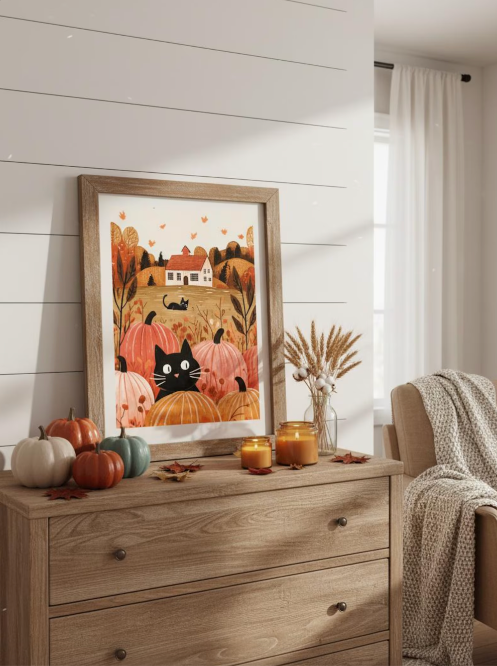 Affiche chat noir automne - style maison campagne - poster déco cosy citrouilles cottage Halloween - idée cadeau chat noir et halloween