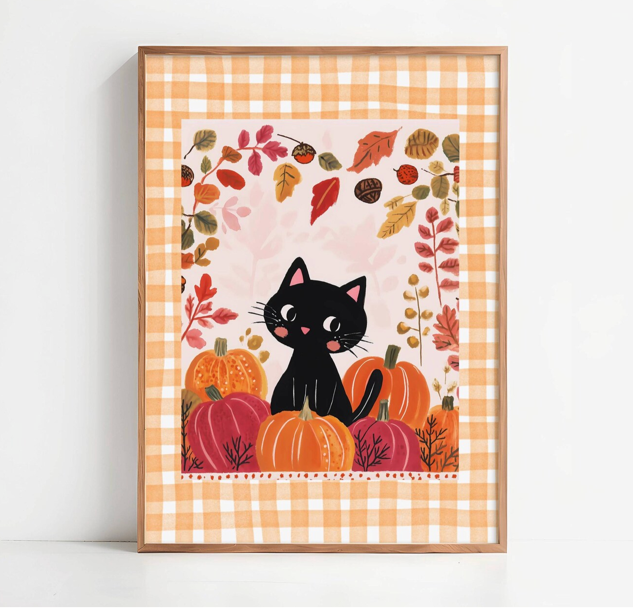 Affiche chat noir d’automne avec citrouilles - décoration murale cosy Halloween - cuisine salon chambre - idée cadeau halloween