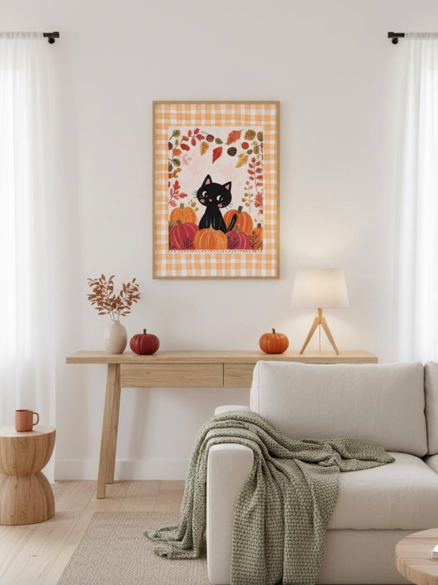 Affiche chat noir d’automne avec citrouilles - décoration murale cosy Halloween - cuisine salon chambre - idée cadeau halloween