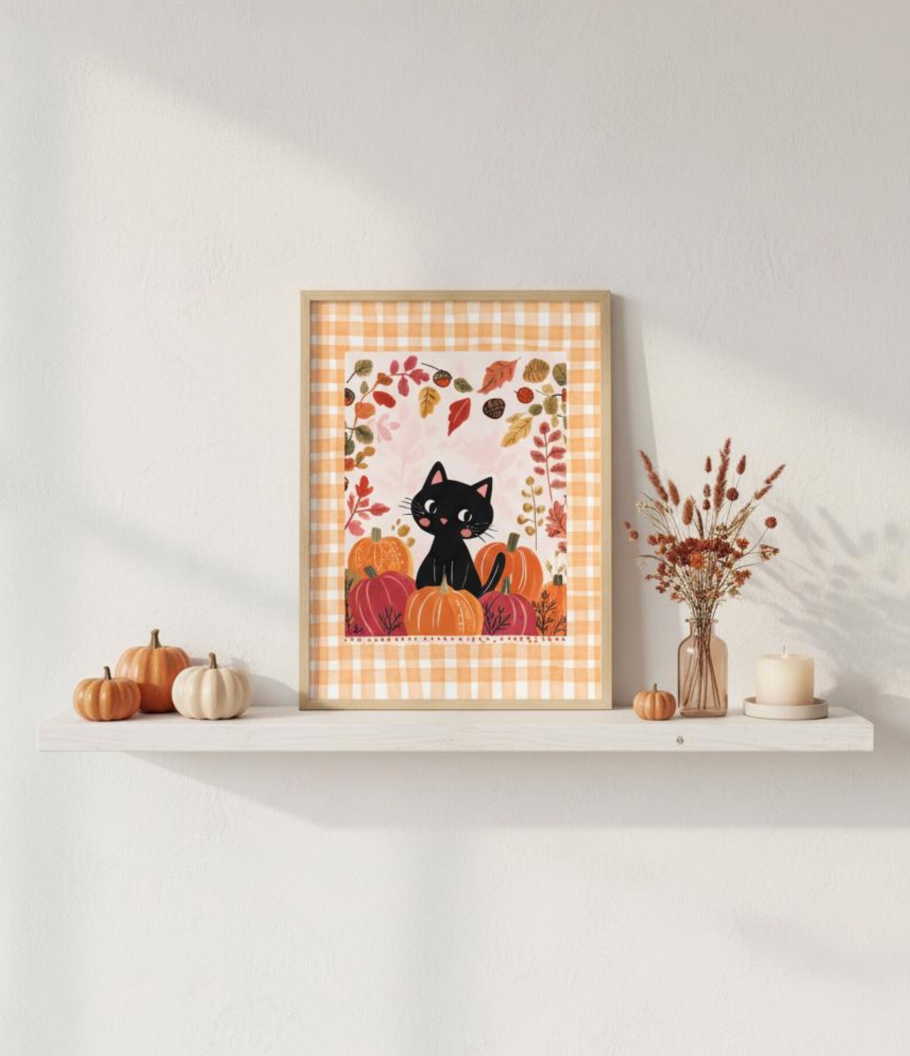Affiche chat noir d’automne avec citrouilles - décoration murale cosy Halloween - cuisine salon chambre - idée cadeau halloween