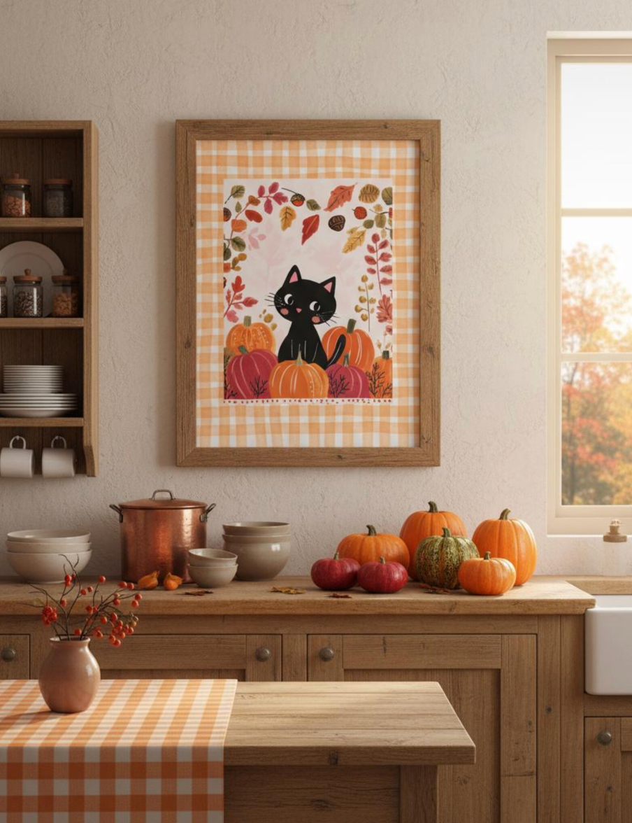 Affiche chat noir d’automne avec citrouilles - décoration murale cosy Halloween - cuisine salon chambre - idée cadeau halloween