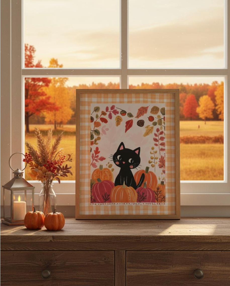 Affiche chat noir d’automne avec citrouilles - décoration murale cosy Halloween - cuisine salon chambre - idée cadeau halloween