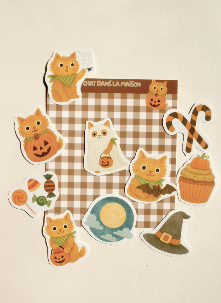 Stickers halloween journaling - "L'halloween du chat roux" - stickers chat roux & halloween – Pack de 10 stickers - idée cadeau chat roux